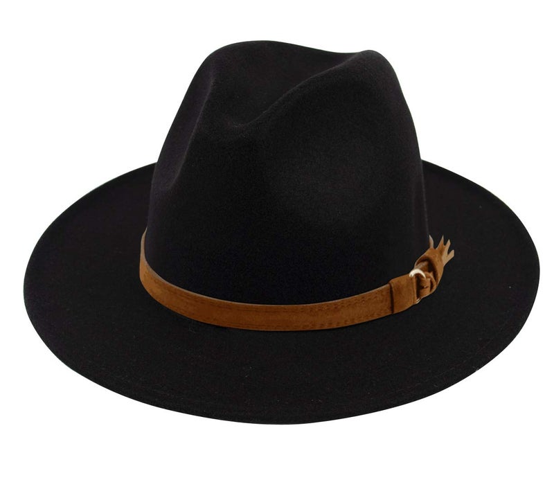 Lanzom Womens Classic Wide Brim Floppy Panama Hat Belt Buckle Wool Fedora Hat (One Size, Z Buckle Belt-Black) - Image 1